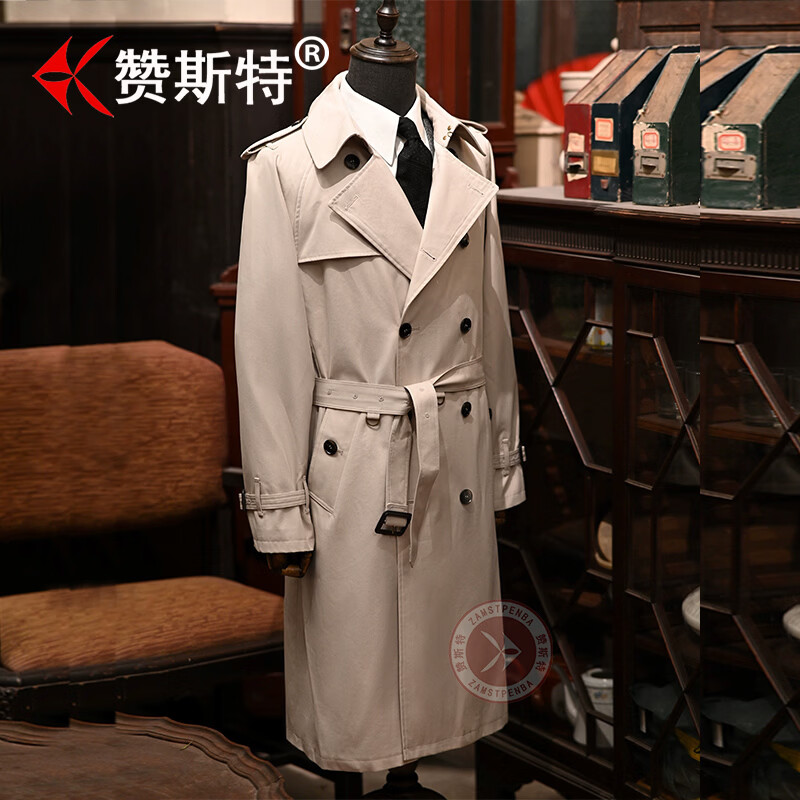 赞斯特品牌春秋季男士trench coat加长款战壕风衣商务休闲大衣 深卡其【长款】 5XL