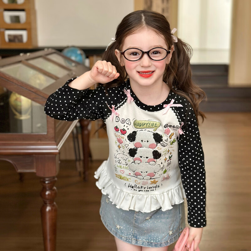 栀了成长记童装女童韩版插肩袖上衣2026春季儿童长袖印花修身T恤 白色 上衣 160 cm
