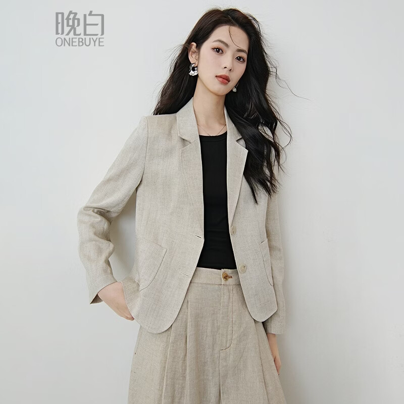 晚白2026年春款莱赛尔亚麻老钱风西装气质干练松弛感原麻色日系外套女 原麻色 S