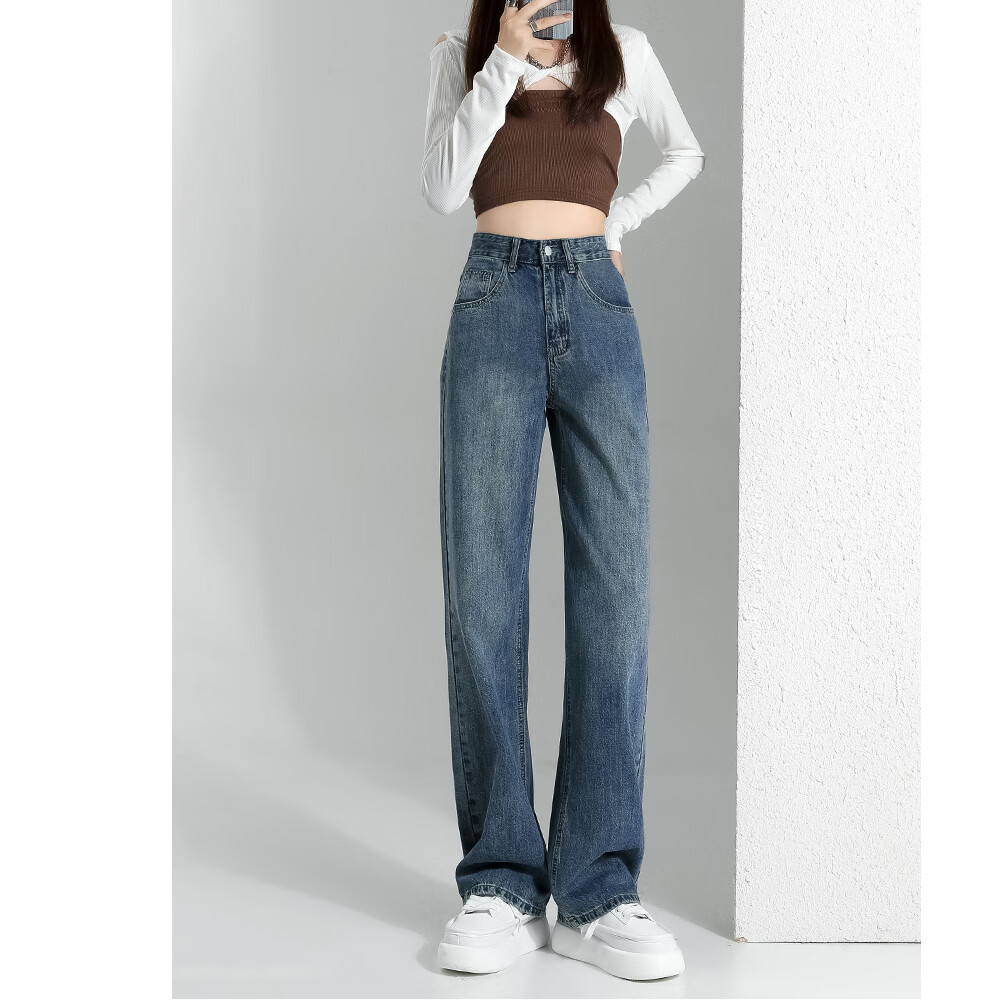 WAMLBN高腰阔腿牛仔裤女2026新款爆款简约宽松显瘦垂感复古直筒拖地裤子 蓝色 L 【尺码选择参考详情页尺寸信息】