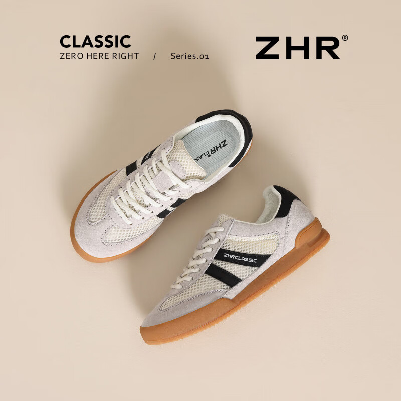 ZHR则则板鞋女网面透气休闲时尚德训鞋新款平底经典百搭系带小白鞋女 灰黑色 【网面四季款】 37