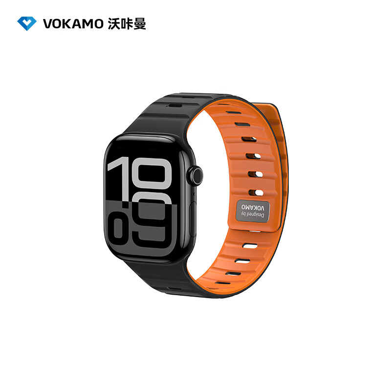 VOKAMO沃咔曼适用Apple watch S11/10/9硅胶磁吸表带透气金属卡扣iwatch Ultra3/2苹果手表腕带夏日运动 黑色 44/45/46/49MM