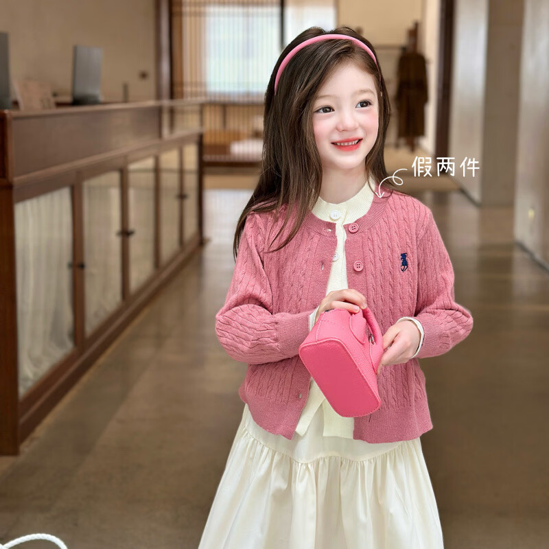 栀了成长记童装女童甜美假两件毛衣2026春季儿童百搭撞色针织开衫 粉色 上衣 160 cm