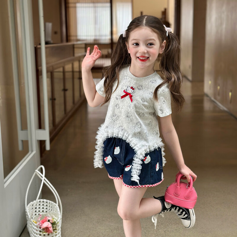 栀了成长记女童装韩版可爱短袖上衣2026春季儿童蕾丝印花针织T恤 蓝色 裤子 100 cm