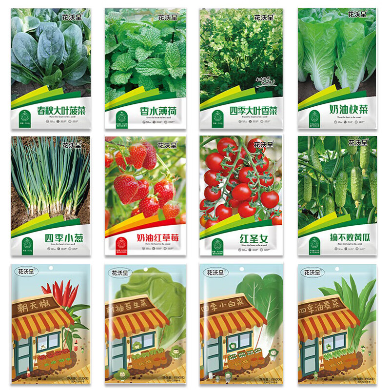 花沃里12款蔬菜种子 黄瓜西红柿草莓香菜薄荷生菜辣椒白菜菠菜香葱种籽