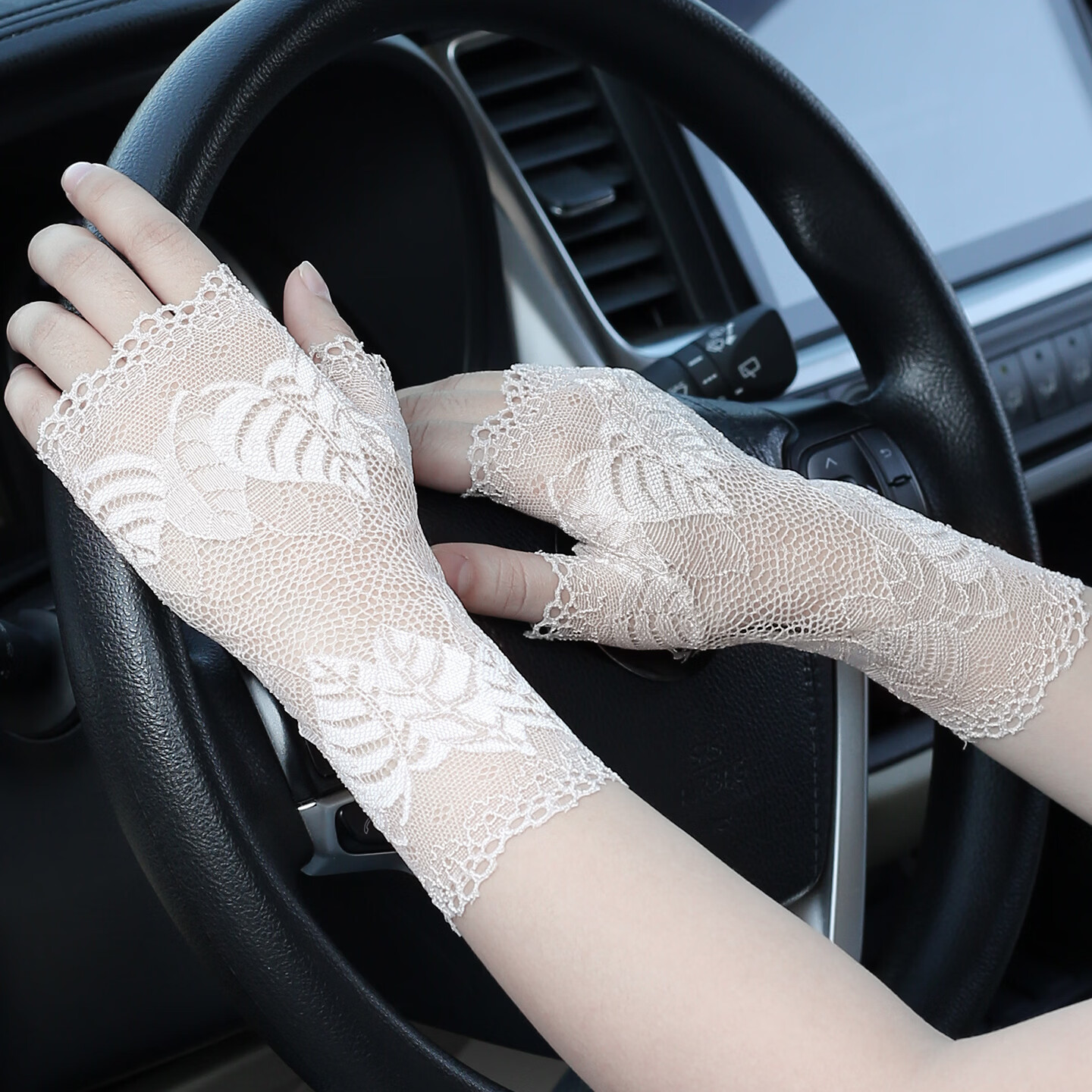 真颜优韵夏季女骑行开车防晒手套女薄款夏季蕾丝防滑手套短款触屏遮疤护手 流沙黑18cm