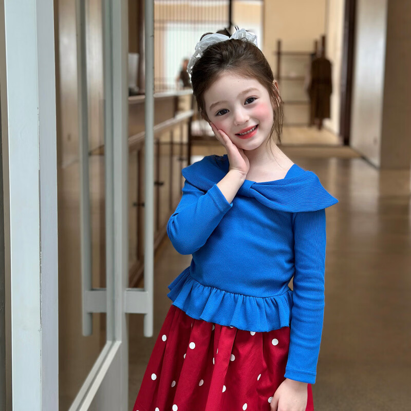 栀了成长记女童装甜美蝴蝶结上衣2026春季儿童可爱荷叶边长袖T恤 蓝色 上衣 160 cm