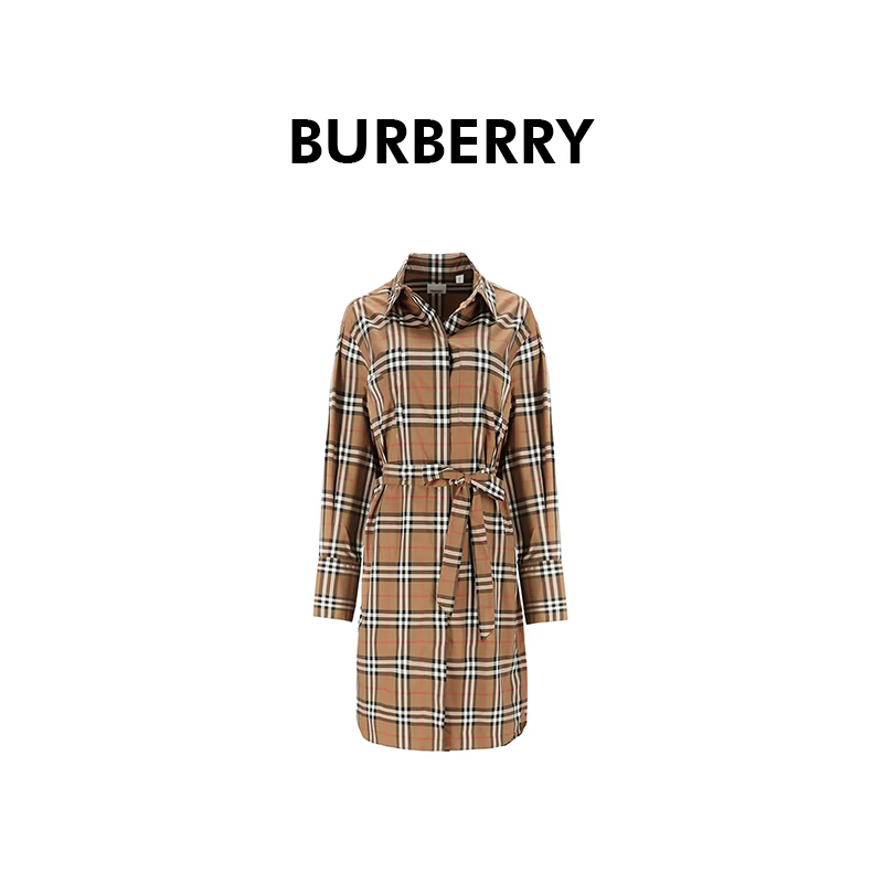 BURBERRY柏博利巴宝莉女士棕色格纹印花单排扣长袖连衣裙80934771 英码12