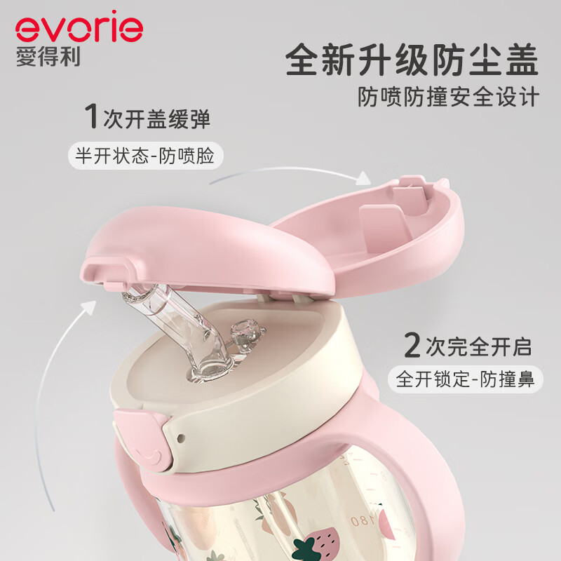 爱得利PPSU儿童水杯学饮杯吸管杯带手柄水壶喝水家用婴儿12个月大宝宝 【12月+】吸管水杯 草莓甜心 330ml