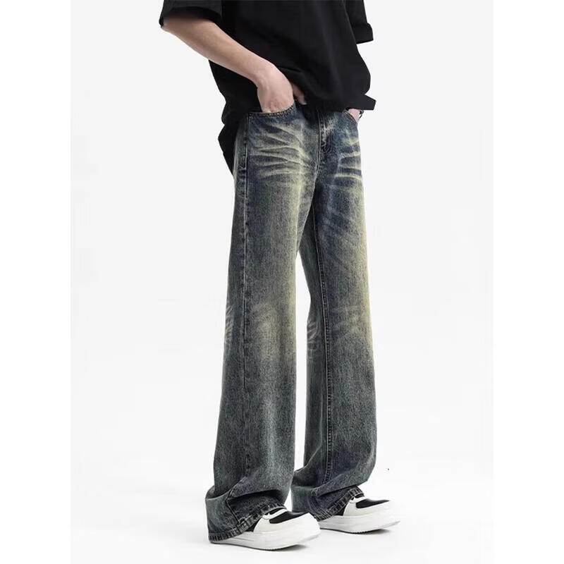 古柏梵男士牛仔裤春秋季新款美式复古潮流宽松休闲直筒修身百搭长裤子男 复古蓝色 XL 【建议120-140斤】