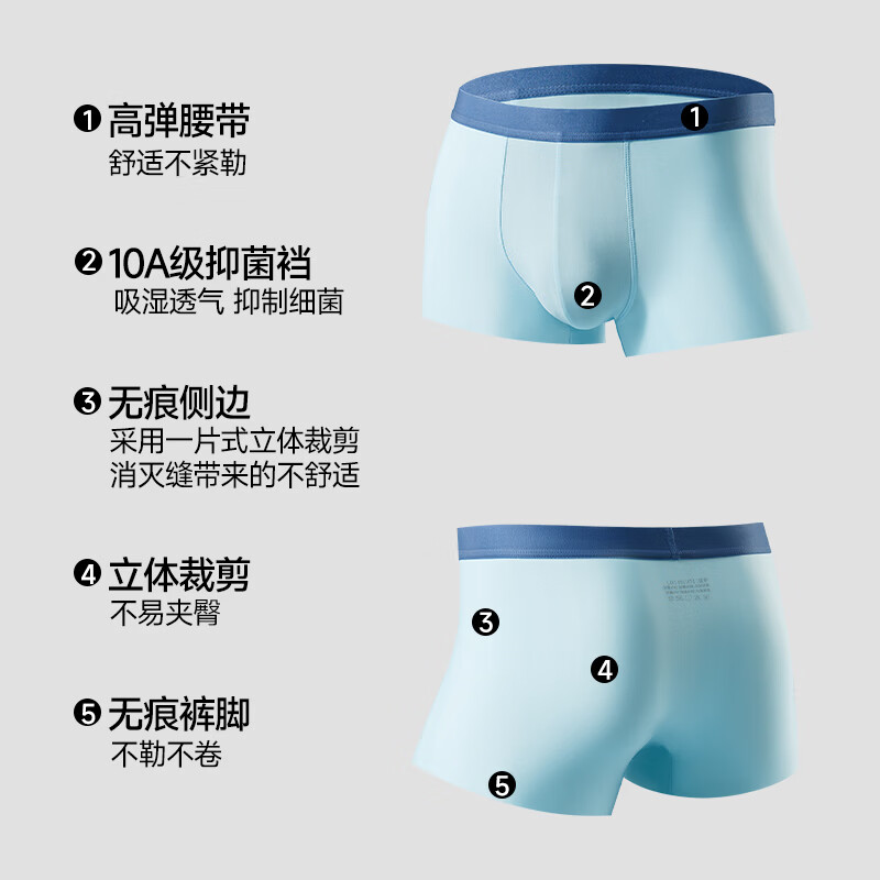 宜而爽男士内裤男10A抑菌无痕裸感冰丝高弹轻薄透气中腰舒适平角短裤衩 黑色+浅灰+天蓝 3条 L 建议【100-120斤】