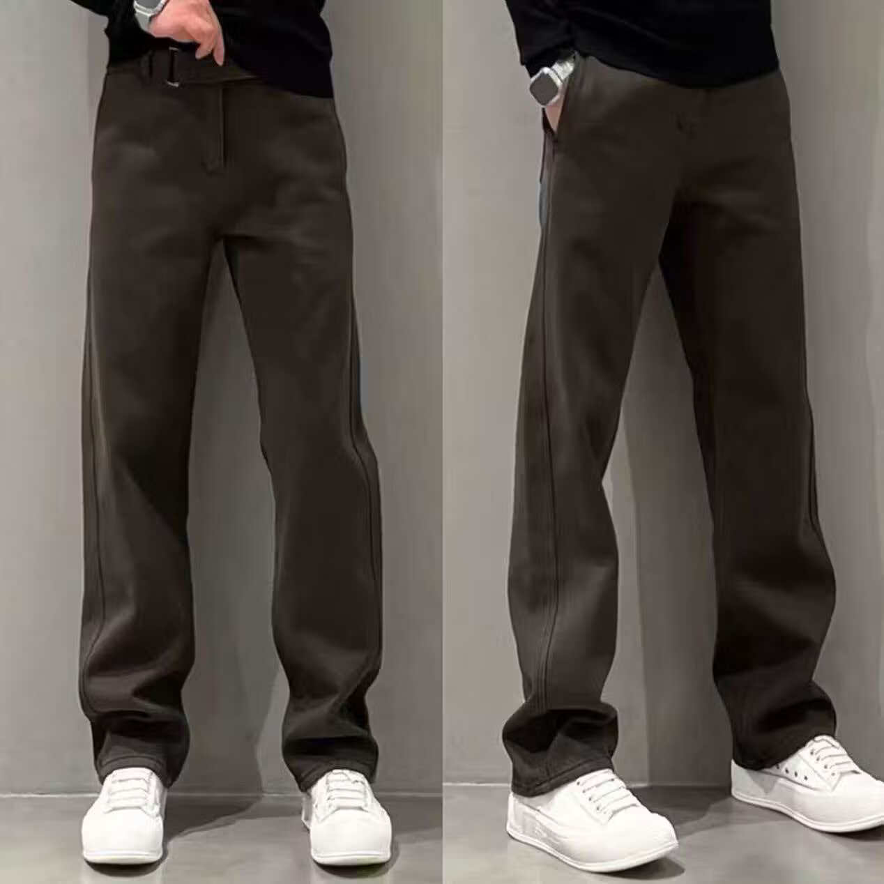 【轻奢】高档欧货春秋新款休闲裤男士时尚纯色直筒裤百搭长裤F 咖色【带腰带】 L 【建议125-145斤】