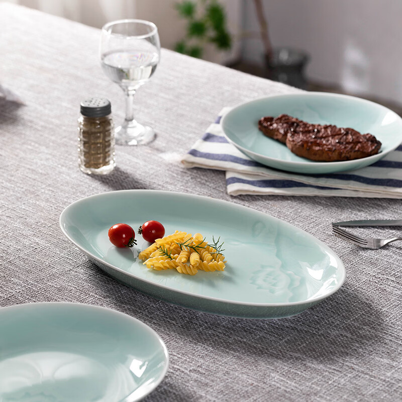 巧陶（QIAOTAO）陶瓷餐具套装龙泉青瓷中式碗菜碟盘子套组家用高颜值饭碗高档礼盒 出水芙蓉天青【46】 【礼盒装】 46件套