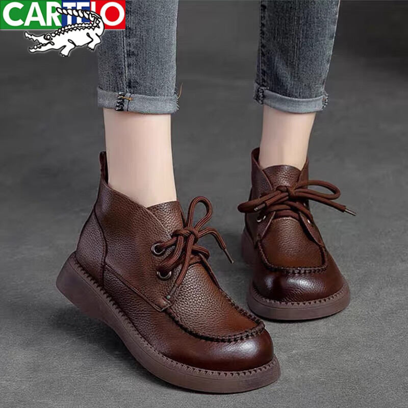 卡帝乐鳄鱼高档品牌真皮软底小皮鞋女秋冬新款底复古鞋马丁靴防滑短靴防滑耐磨潮牌 棕色【单里】 38怎么看?