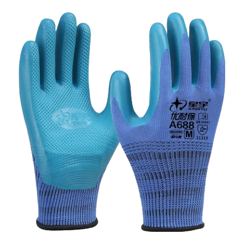 星宇 浸胶劳保手套 优耐保半挂乳胶压纹防滑耐用 工业工地工作木工钢筋工建筑防护手套  12付 蓝色 A688【耐磨透气柔软】中码M