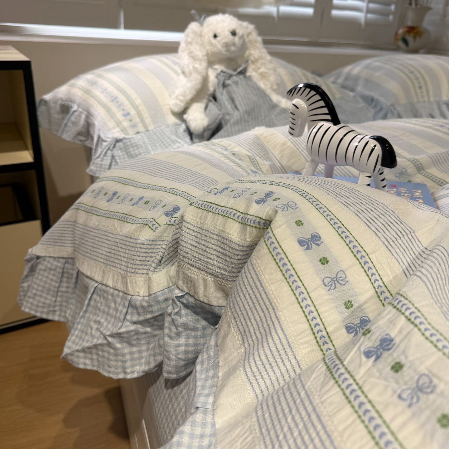 苏萱A类水洗棉提花蝴蝶结花边床上四件套全棉1.8米少女心被套床单床品 蝴蝶结蓝 1.8m 床单款 四件套-被套200x230cm