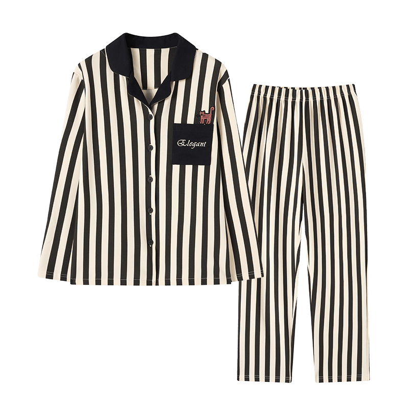 芬腾可安（FENTENGCARE）睡衣女【100%纯棉】秋冬复古条纹翻领开衫家居服女士睡衣套装 黑条 L