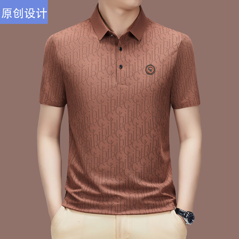 阿玛尼（ARMANI）正品品牌桑蚕丝翻领短袖t恤男夏季中年高端宽松冰 丝休闲polo衫 橙色 L 170__建议120斤到142斤穿