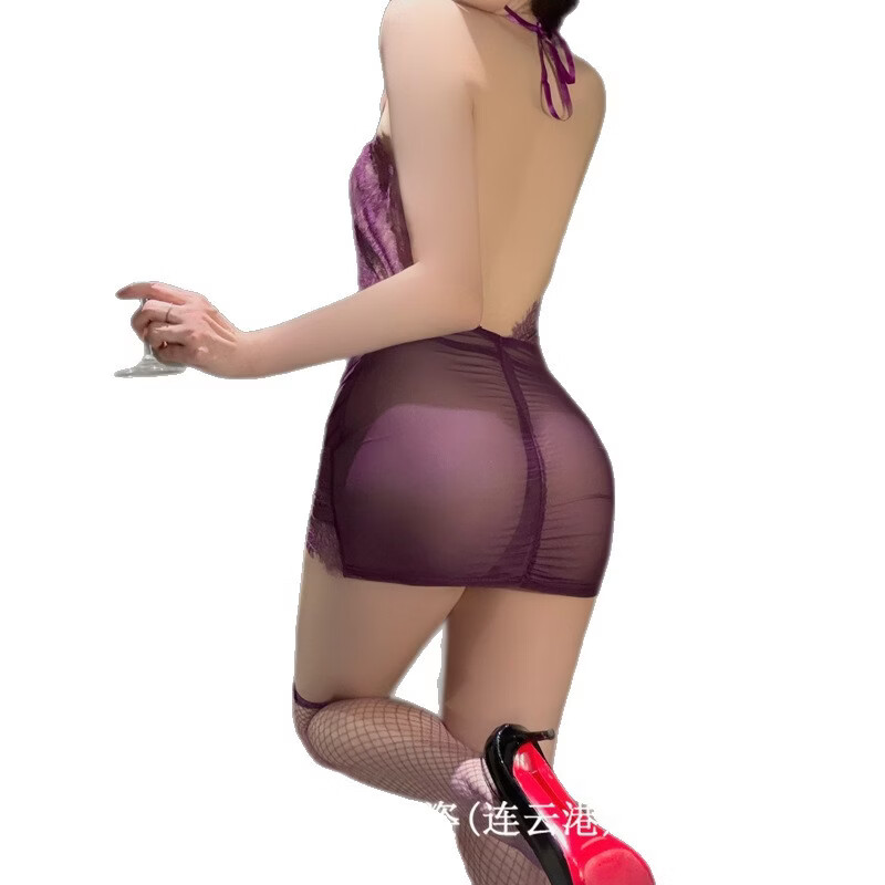 性感情趣蕾丝镂空调情包臂裙透视挂脖感制服睡裙女新款成人套装 黑色+黑色网袜 均码