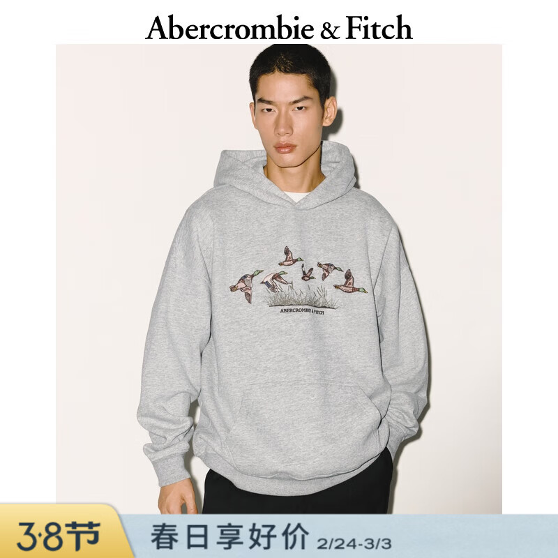 Abercrombie & Fitch美式时尚潮流百搭舒适抓绒连帽卫衣上衣25秋冬男装122-5669 灰色 M (180/100A)