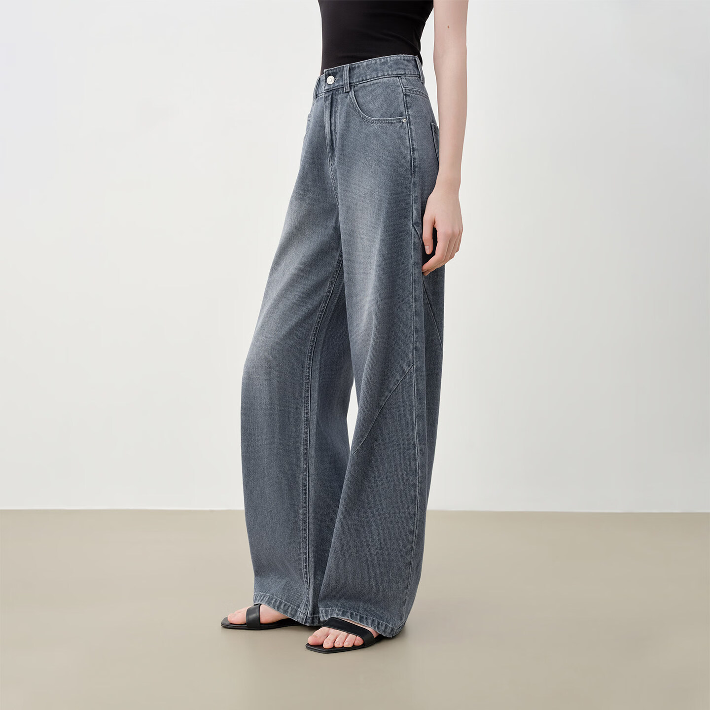 自巧小个子复古做旧水洗设计感微弯刀牛仔裤女2026新款高腰香蕉裤 深灰色 M （尺码：4）