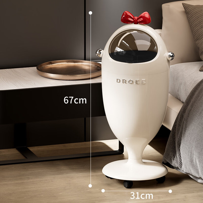 艾仕可（ASCOR）家用垃圾桶2026新款创意蝴蝶结立式垃圾桶客厅卧室带轮摇盖垃圾桶 【奶白色】移动滑轮 | 双边把手