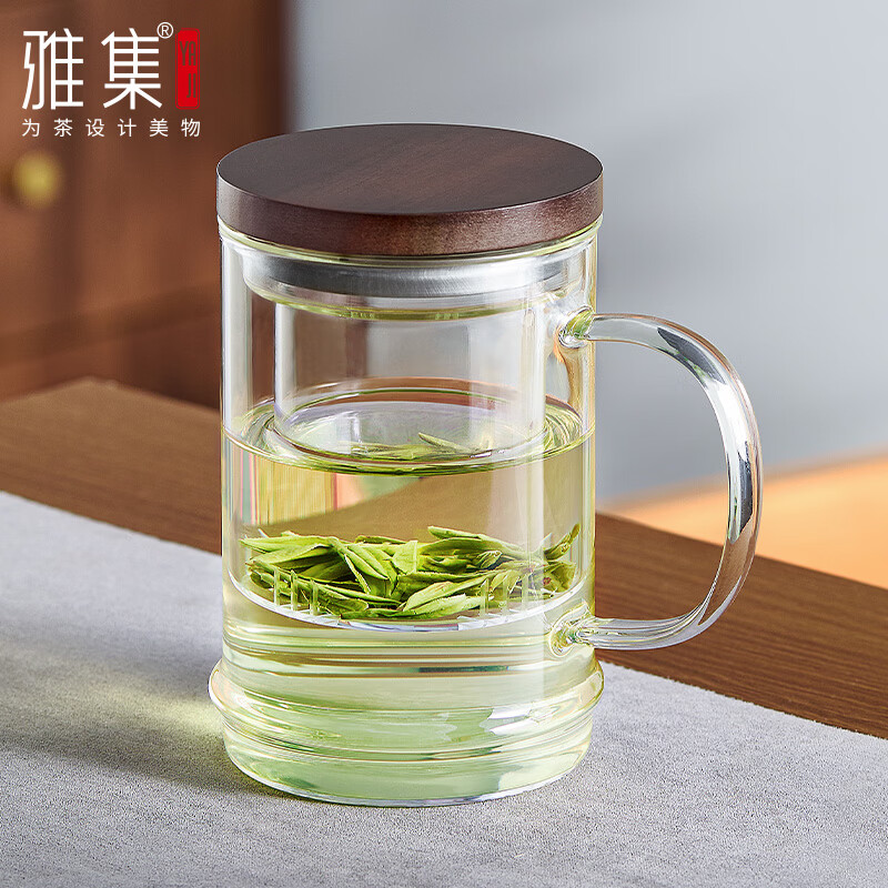 雅集茶具墨竹杯耐热透明玻璃杯茶水分离泡茶杯过滤办公家用水杯木盖款
