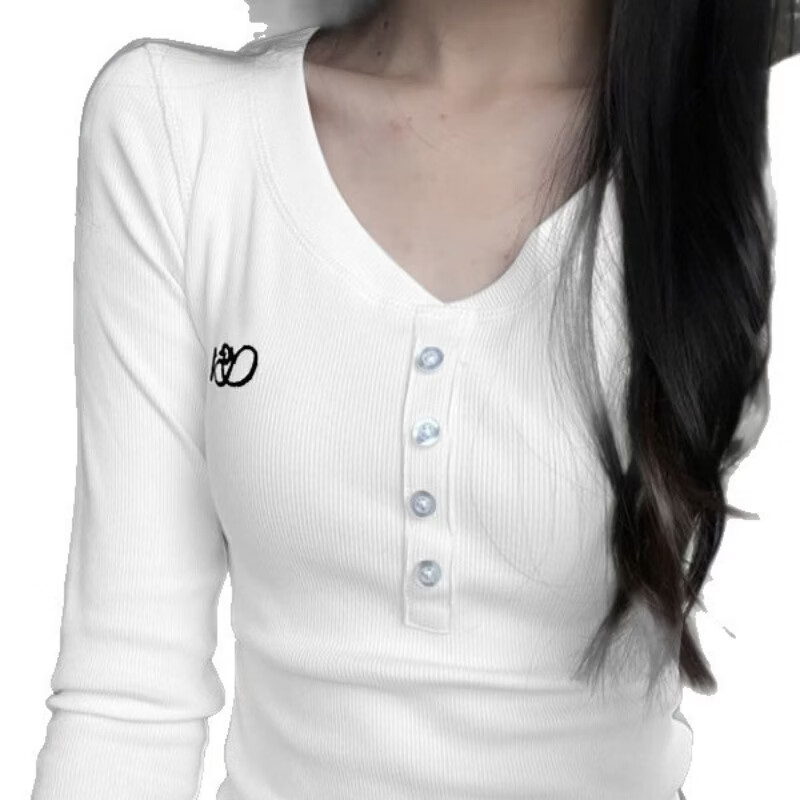 RVFAN2026春季新款设计感V领长袖T恤女短款美式修身上衣韩版休闲 杏白色 L 【106-118斤】