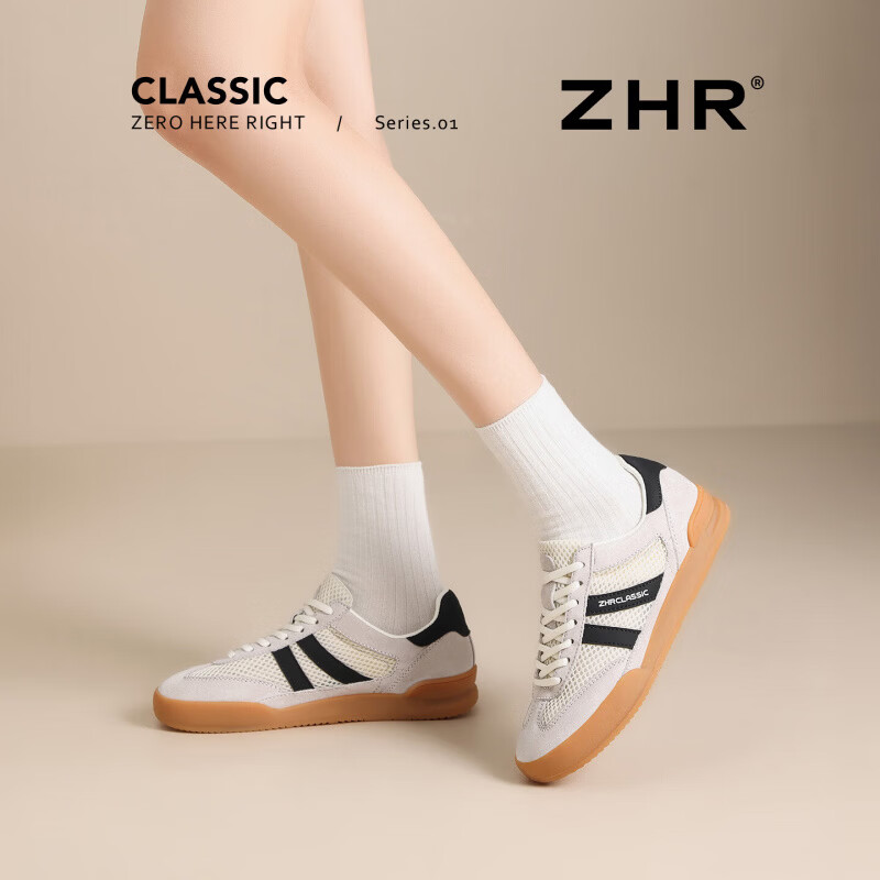 ZHR则则板鞋女网面透气休闲时尚德训鞋新款平底经典百搭系带小白鞋女 灰黑色 【网面四季款】 37