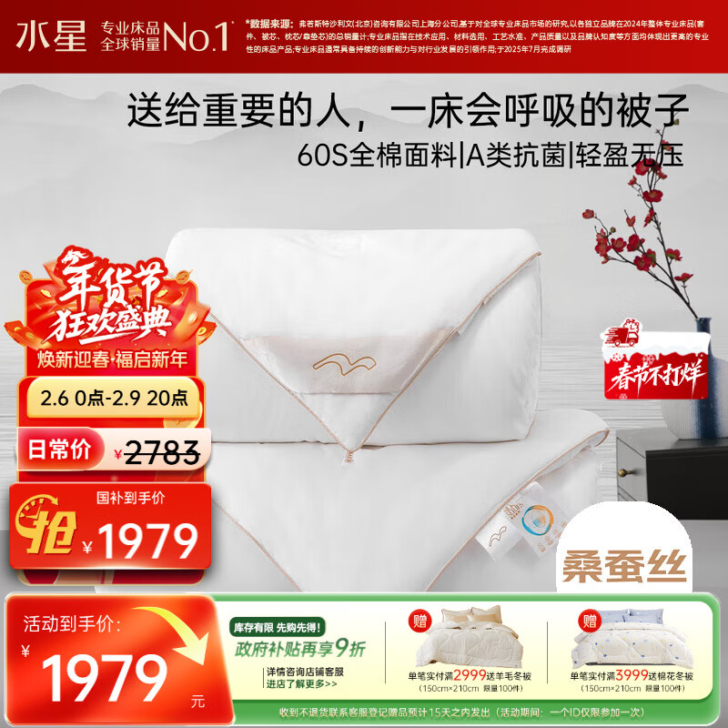 水星家纺蚕丝被100%桑蚕丝冬被子冬季子母被二合一被芯约10.6斤220×240cm