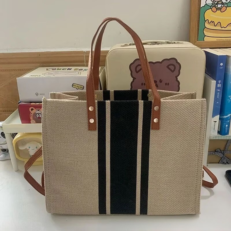 【直发】韩版女士手提公文包职业通勤条纹简约单肩大包包ins大容 9930黑色-+长肩带