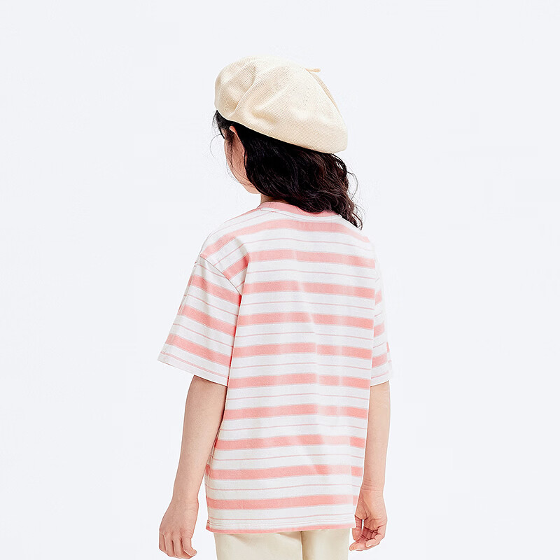 巴拉巴拉儿童短袖女童男童t恤夏装中大童甜美木耳边条纹上衣 本白10101-208225117030 140