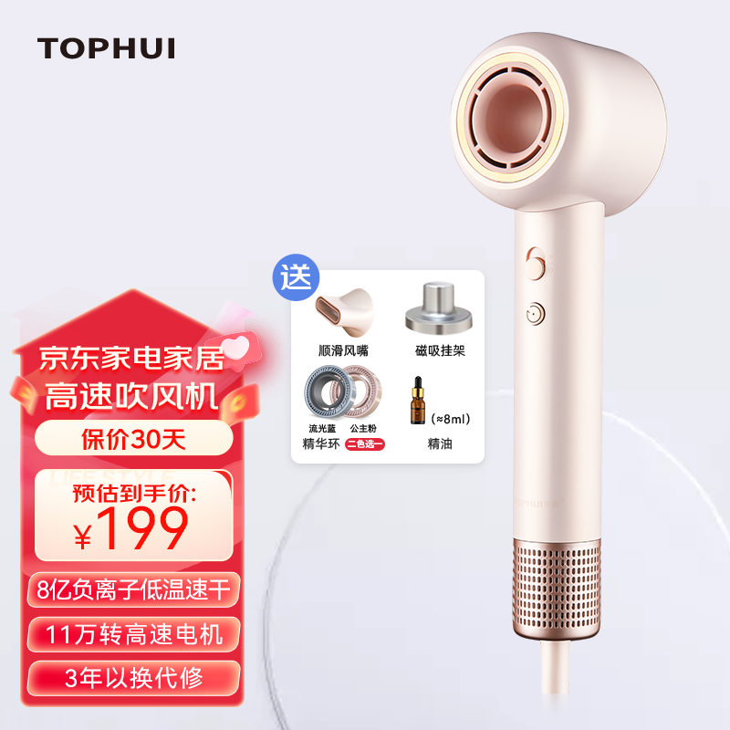 TOPHUI顶惠高速吹风机家用电吹风筒8亿负离子护发大功率风力冷热速干智能恒温养发护发礼盒装  新款 节日礼物 【高级款8001D-香槟粉】8亿负离子，11万转