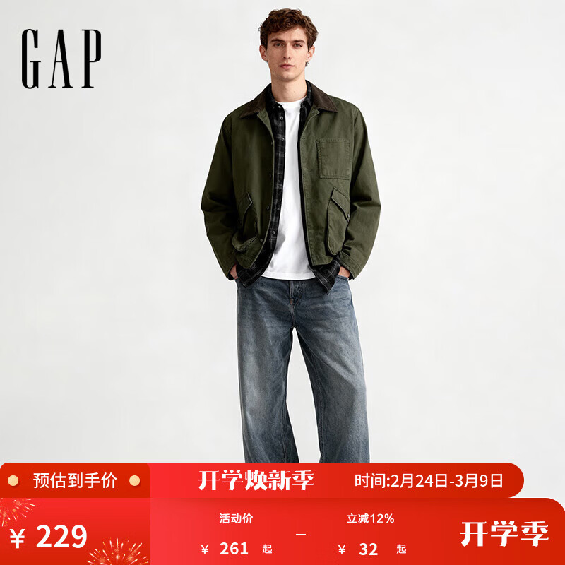 盖璞男装春款多口袋巴恩风翻领宽松夹克外套美版799350 橄榄绿 XL 美码 2XL亚洲码185/108A