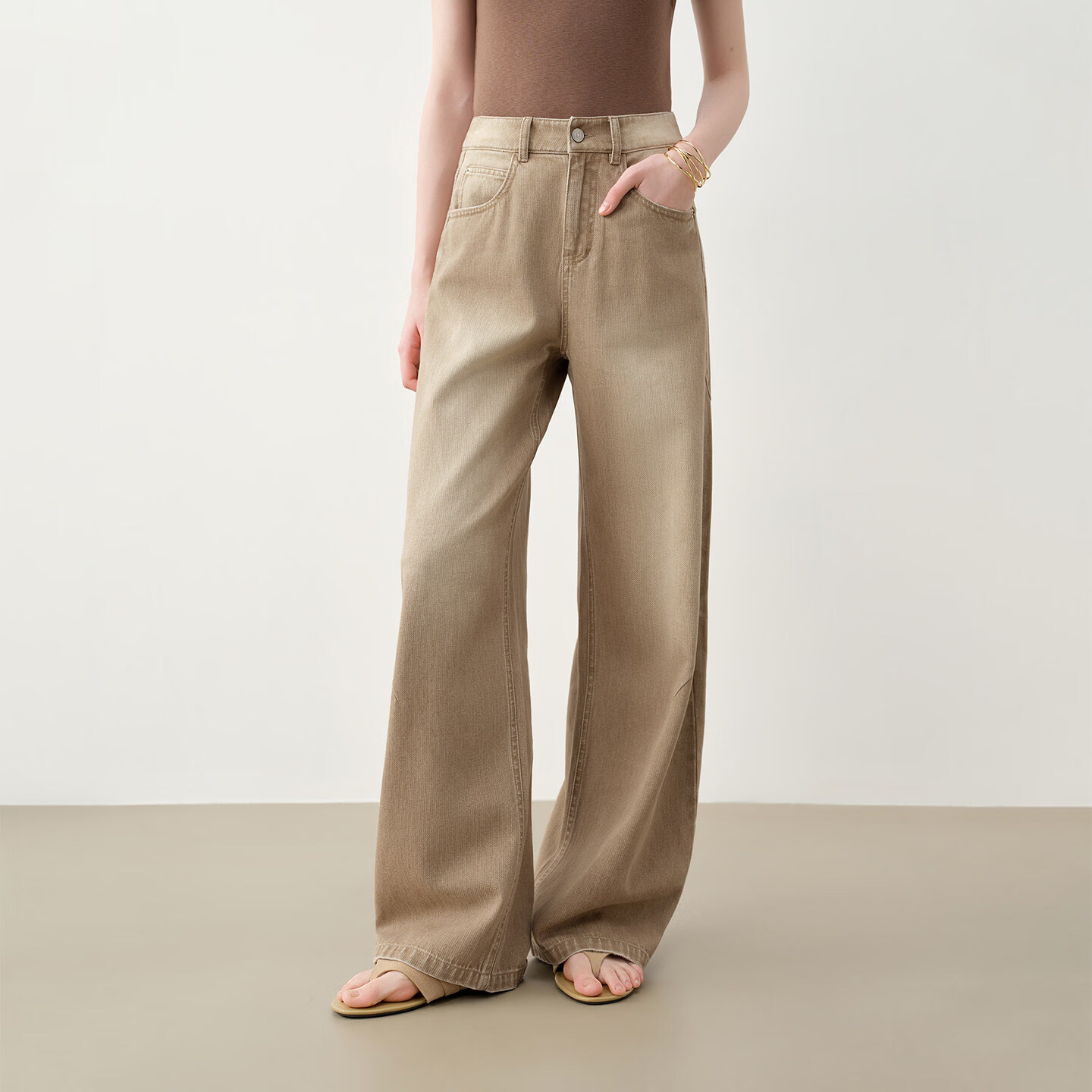 自巧小个子复古做旧水洗设计感微弯刀牛仔裤女2026新款高腰香蕉裤 卡其色 M （尺码：4）