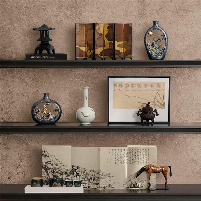 咏幻宋代美学摆件感新中式茶室茶桌摆设样板间书柜禅意装饰工艺品 木质拼色果盘大号