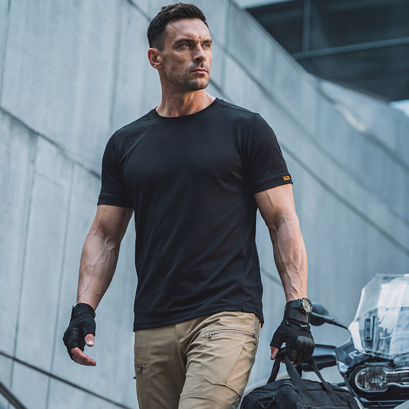 龙牙满2件-100男士夏季速干T恤秘战短袖圆领战术户外半袖吸汗纯色T 极夜黑 M 175/96A（135-160斤）