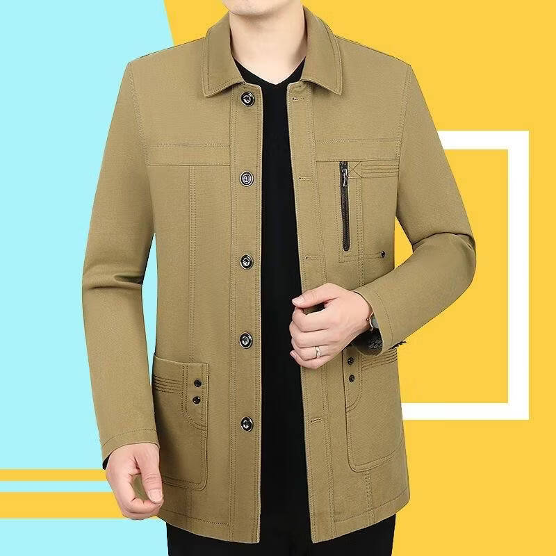 2026春秋新款商务百搭男士翻领舒适七口袋休闲夹克全棉爸爸装3203 卡其色 【标准款】 L 175【建议体重100-120斤】