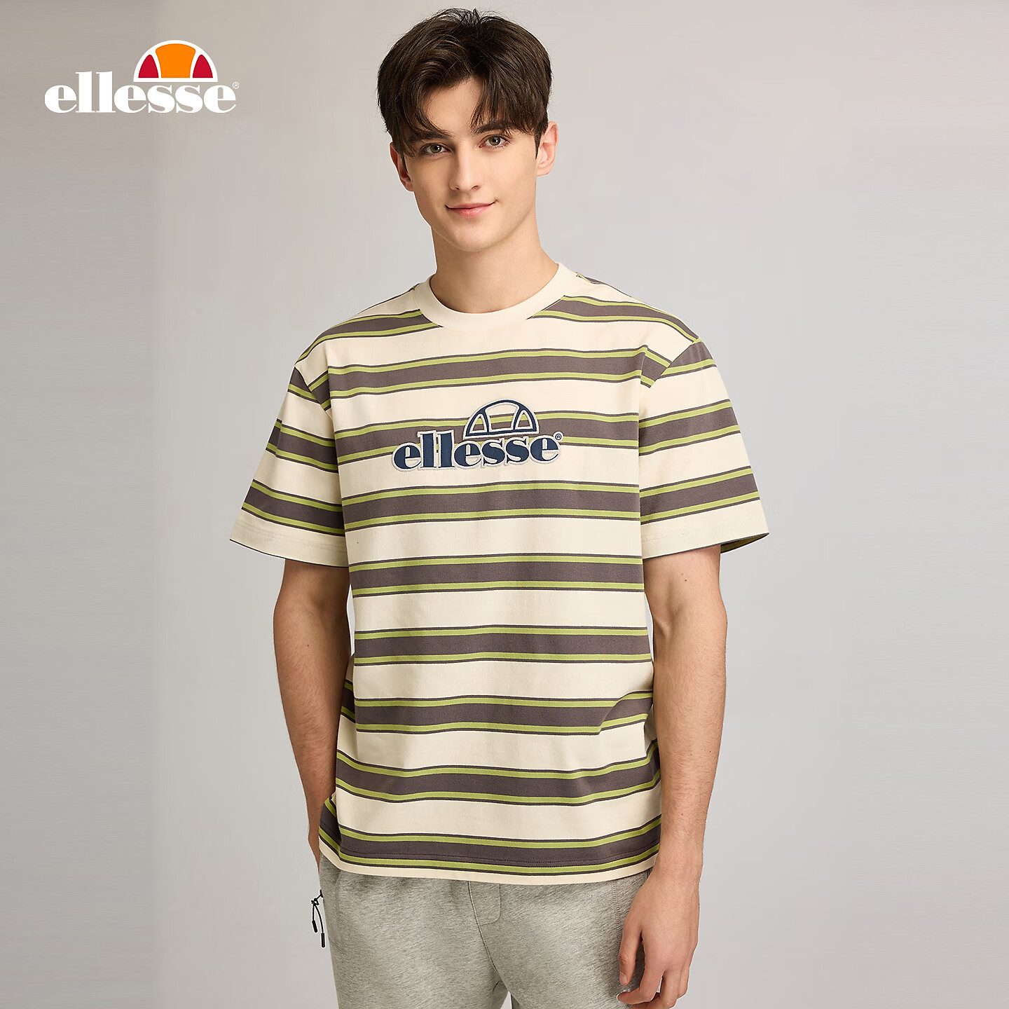 ellesse小贝壳官方T恤男24春季新款运动休闲条纹短袖上衣女 绿色 M