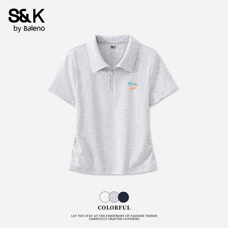 班尼路S&amp;K系列短袖t恤女夏季新款polo衫半拉链设计感修身内搭女士上衣服 浅花灰#叠色爱心k 【收褶显瘦】 L