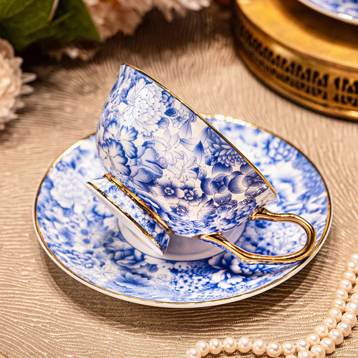 BOSSY景德镇国潮青花咖啡杯套装高档精致骨瓷杯子礼盒乔迁新婚伴手礼物 万花青花【满花款-6杯6碟】高级红礼盒