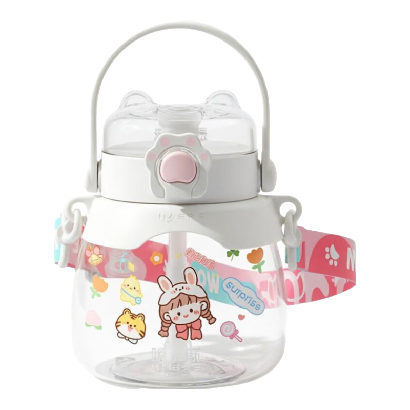 哈爾斯（HAERS）貓爪大肚杯大容量水杯塑料吸管杯夏季女學生兒童運動戶外水壺杯子 HTR-950-109云白 950ml