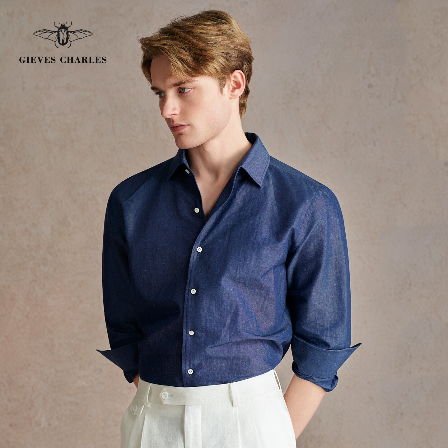 GIEVES CHARLES【26春新品】意式设计感纯棉牛仔衬衫高端商务一片领长袖休闲衬衫 午夜丹宁 42