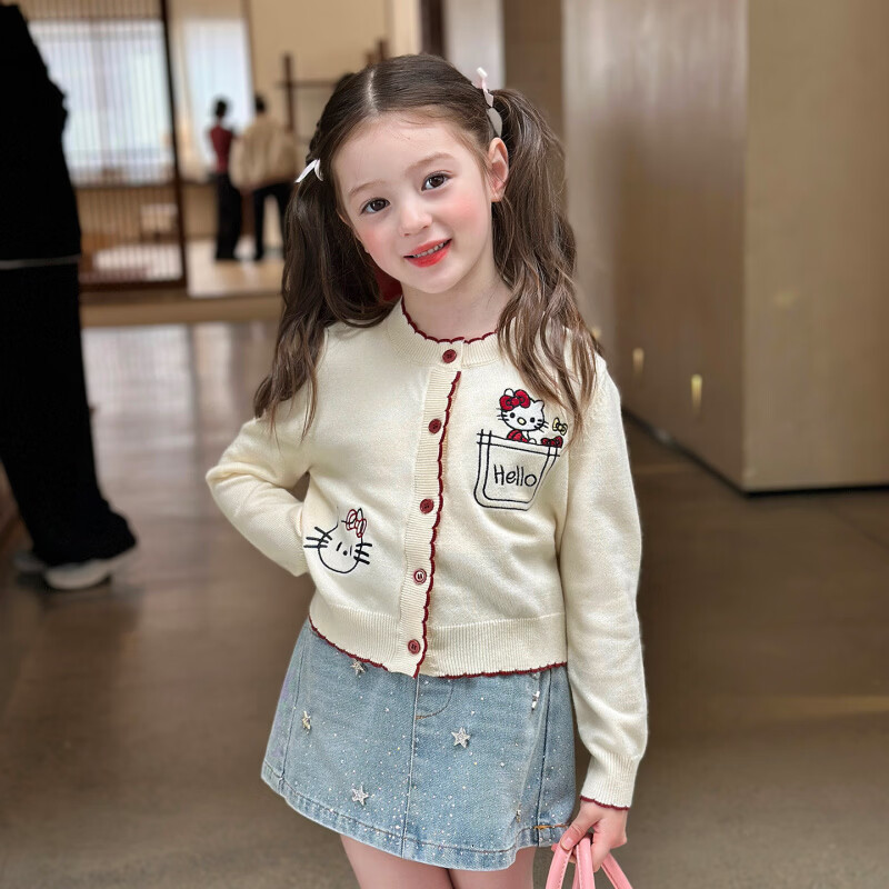 栀了成长记童装女童可爱KT刺绣毛衣2026春季儿童新款撞色针织上衣 蓝色 半身裙 160 cm