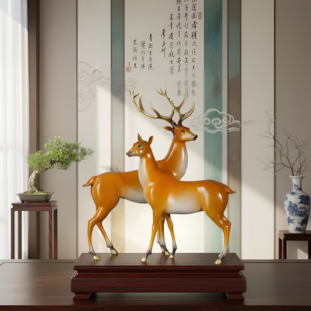 箐铜记铜鹿摆件 福鹿双至 家居客厅玄关招财装饰工艺品乔迁开业礼品 福禄双至-公鹿