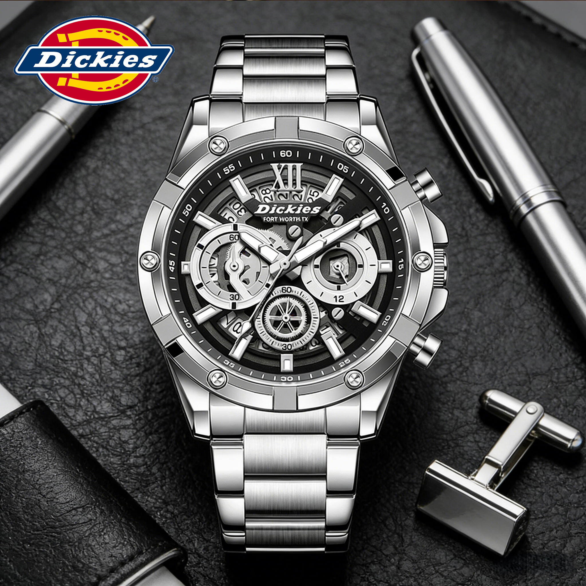 Dickies手表男士商务石英表学生三眼多功能高中时尚潮流男生机械风腕表 黑表盘