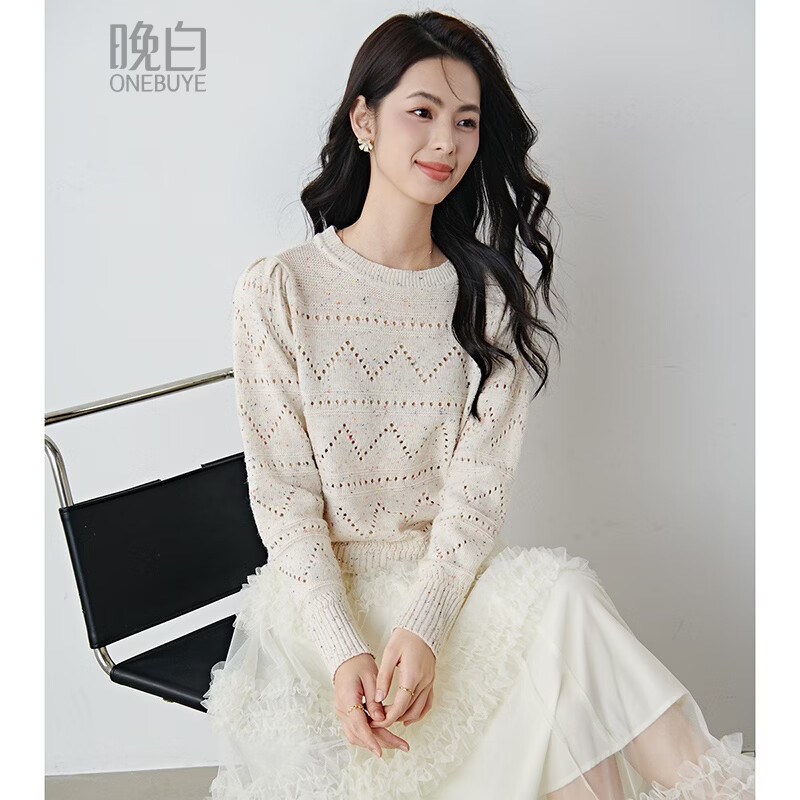 晚白【新品】2026年春款时尚圆领毛衣含羊毛柔软亲肤舒适百搭针织衫女 米白色 L