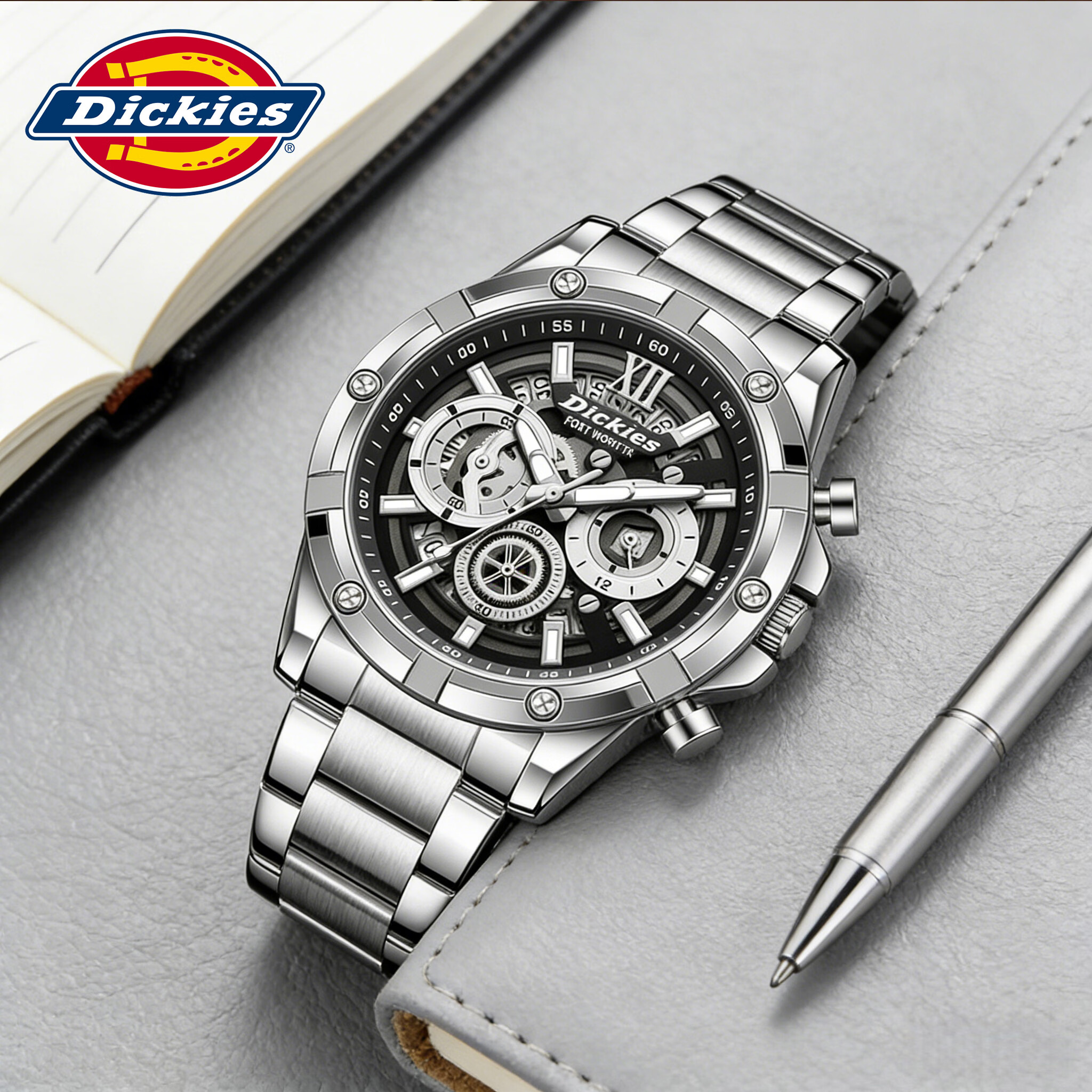 Dickies手表男士商务石英表学生三眼多功能高中时尚潮流男生机械风腕表 黑表盘