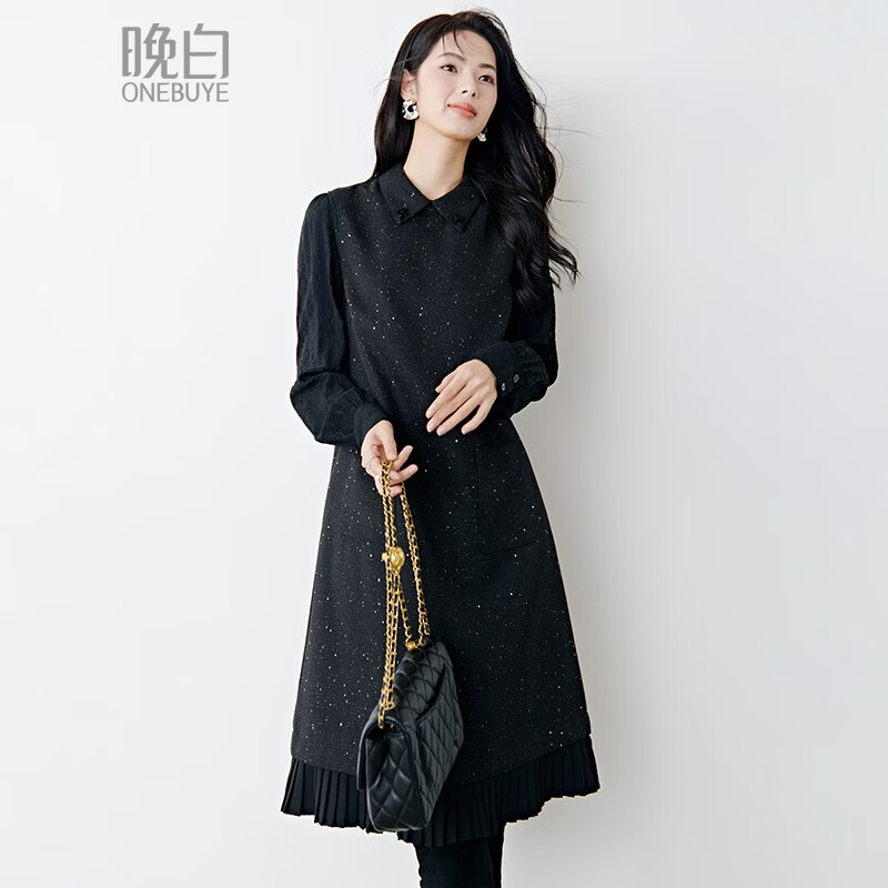 晚白亮闪闪小香风花呢背心裙2026春款时尚拼接百褶显瘦无袖连衣裙 黑色 M