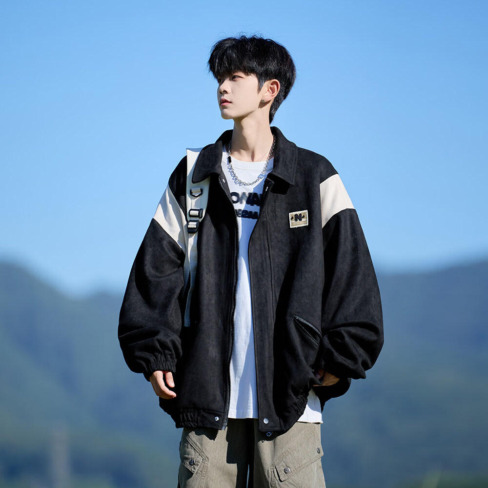 NEW OR MODE美式撞色棒球服外套男春季新款潮流宽松大码飞行员夹克休闲上衣服 黑色【高品质】 XL 【建议125-145斤】